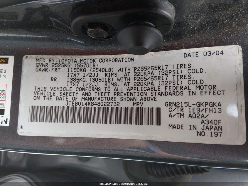 2004 Toyota 4runner VIN JTEBU14R848022732 IAAI salvage auction — LEFT FRONT, Salvage (West Virginia), sold $2,700 on 2026-07-29 (photo 9)