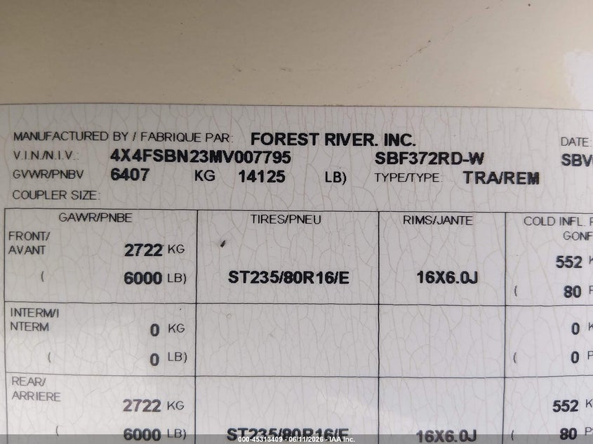 2021 Forest river Other VIN 4X4FSBN23MV007795 IAAI salvage auction — SIDE, Salvage (Oregon), sold $8,800 on 2026-08-12 (photo 9)