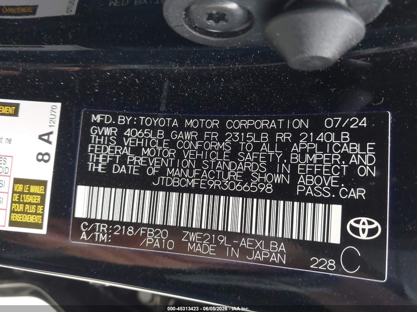 2024 Toyota Corolla VIN JTDBCMFE9R3066598 IAAI salvage auction — REAR END, Salvage Title, sold $7,750 on 2026-07-15 (photo 9)
