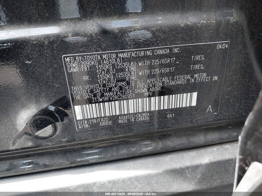 2024 Toyota Rav 4 VIN 2T3W1RFV2RC280951 IAAI salvage auction — RIGHT FRONT, Salvage Title, sold $11,900 on 2026-07-19 (photo 9)