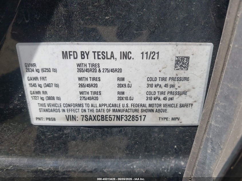 2022 Tesla Model x VIN 7SAXCBE57NF328517 IAAI salvage auction — REAR END, Salvage (Idaho), sold $17,200 on 2026-07-29 (photo 9)