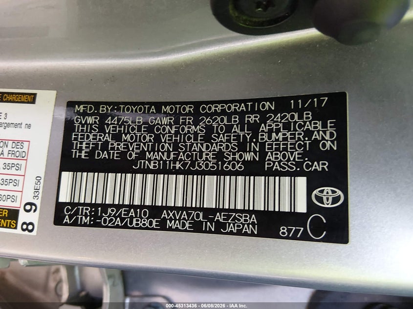 2018 Toyota Camry VIN JTNB11HK7J3051606 IAAI salvage auction — FRONT END, Salvage Title, sold $3,850 on 2026-07-28 (photo 9)