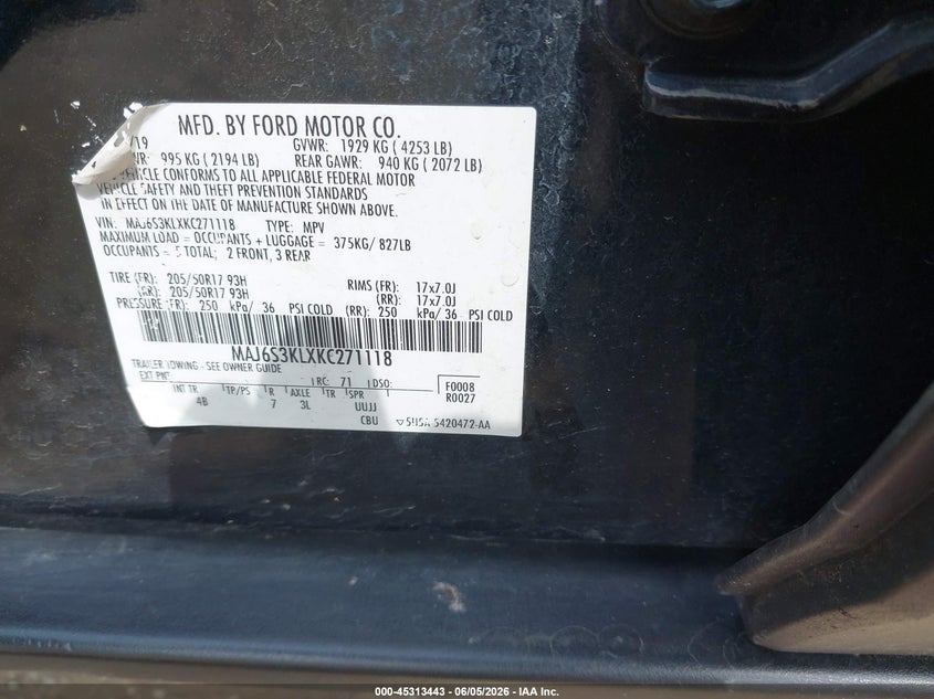 2019 Ford Ecosport VIN MAJ6S3KLXKC271118 IAAI salvage auction — FRONT END, Salvage Title, sold $25 on 2026-07-29 (photo 9)
