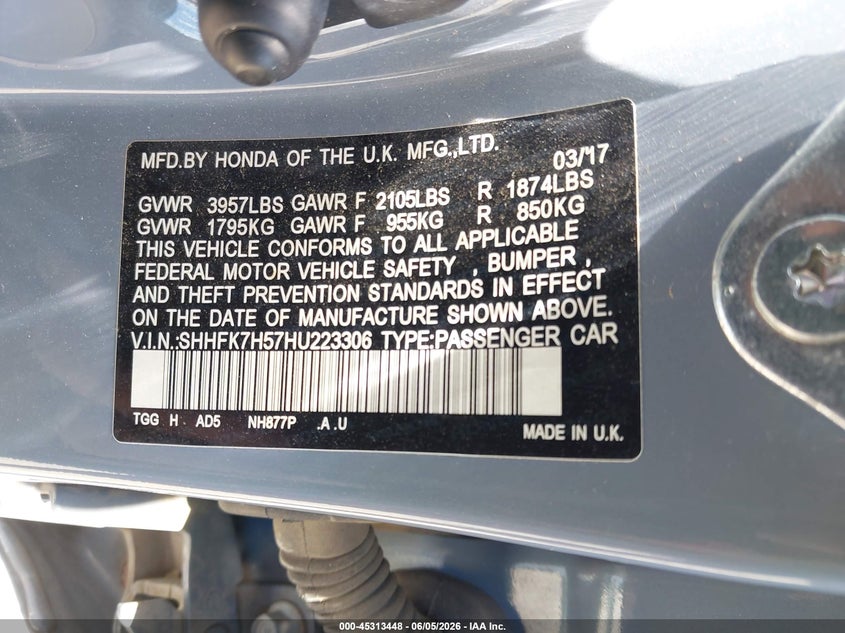 2017 Honda Civic VIN SHHFK7H57HU223306 IAAI salvage auction — FRONT END, Salvage Title, sold $2,875 on 2026-07-08 (photo 9)