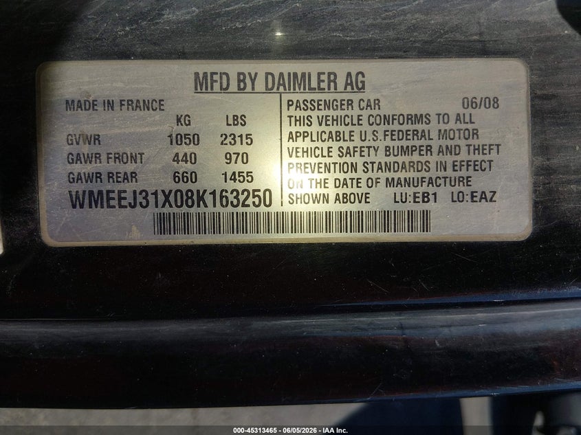 2008 Smart Fortwo VIN WMEEJ31X08K163250 IAAI salvage auction — NORMAL WEAR, Clear (Nevada), sold $25 on 2026-07-17 (photo 9)