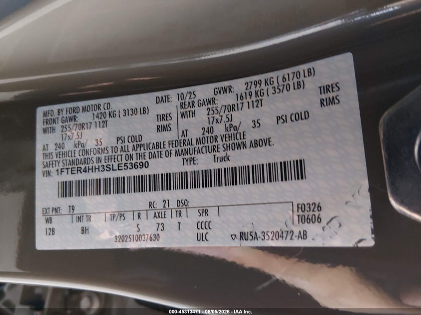 2025 Ford Ranger VIN 1FTER4HH3SLE53690 IAAI salvage auction — FRONT & REAR, Salvage Title, sold $9,700 on 2026-07-23 (photo 9)