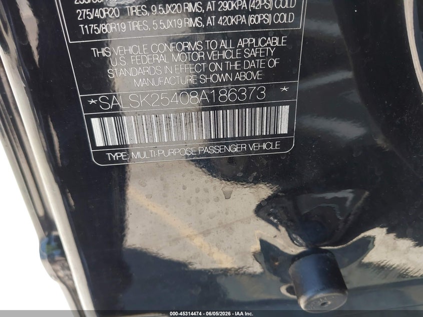 2008 Land rover Range rover sport VIN SALSK25408A186373 IAAI salvage auction — RIGHT FRONT, Salvage (California), sold $500 on 2026-07-06 (photo 9)