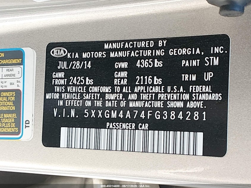 2015 Kia Optima VIN 5XXGM4A74FG384281 IAAI salvage auction — FRONT END, Salvage (Idaho), sold $250 on 2026-07-15 (photo 9)