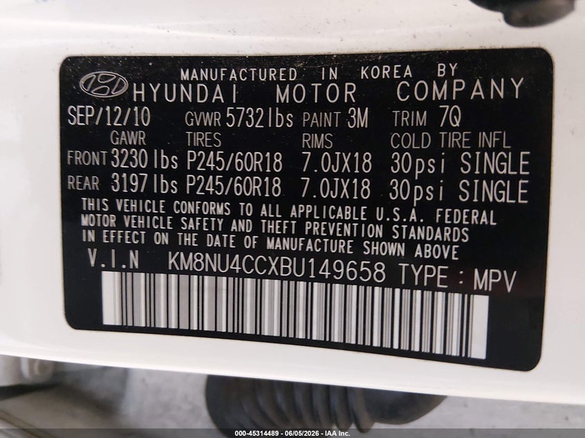 2011 Hyundai Veracruz VIN KM8NU4CCXBU149658 IAAI salvage auction — FRONT END, Salvage (Tennessee), sold $1,325 on 2026-07-13 (photo 9)