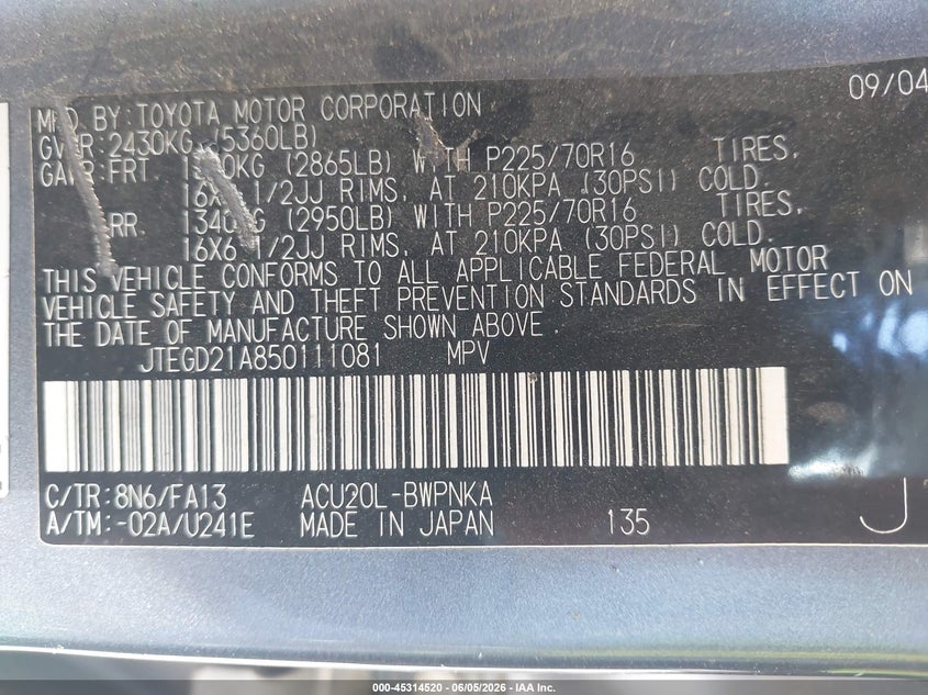 2005 Toyota Highlander VIN JTEGD21A850111081 IAAI salvage auction — NORMAL WEAR, Clear (California), sold $700 on 2026-07-22 (photo 9)