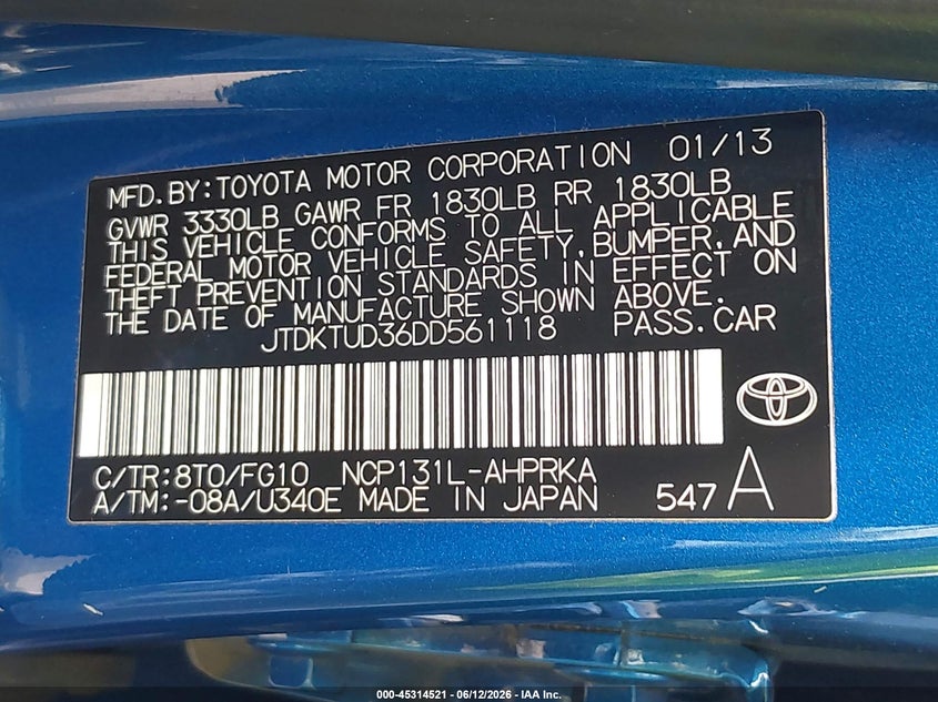2013 Toyota Yaris VIN JTDKTUD36DD561118 IAAI salvage auction — REAR END, Original (Texas), sold $3,500 on 2026-07-22 (photo 9)