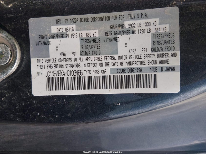 2017 Fiat 124 spider VIN JC1NFAEK4H0103466 IAAI salvage auction — LEFT & RIGHT, Salvage (South Carolina), sold $3,400 on 2026-07-29 (photo 9)