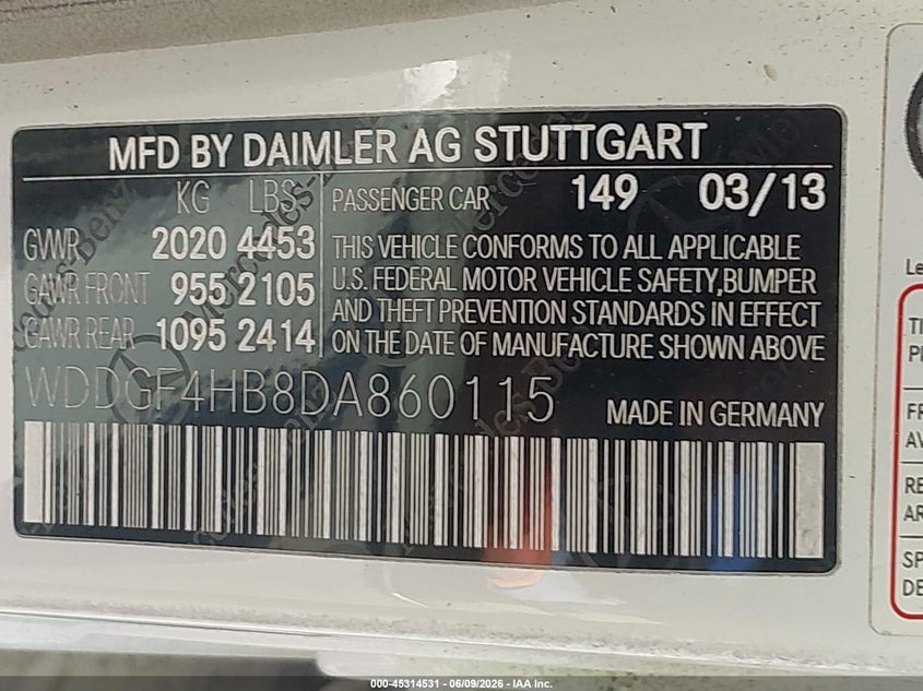 2013 Mercedes-benz C-klasse VIN WDDGF4HB8DA860115 IAAI salvage auction — FRONT END, Original (Texas), sold $900 on 2026-08-13 (photo 9)