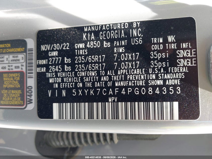2023 Kia Sportage VIN 5XYK7CAF4PG084353 IAAI salvage auction — RIGHT SIDE, Salvage Title, sold $3,050 on 2026-07-21 (photo 9)