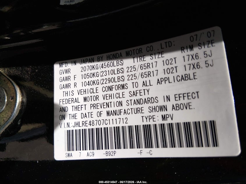 2007 Honda Cr-v VIN JHLRE48707C111712 IAAI salvage auction — FRONT END, Salvage (Colorado), sold $750 on 2026-07-28 (photo 9)