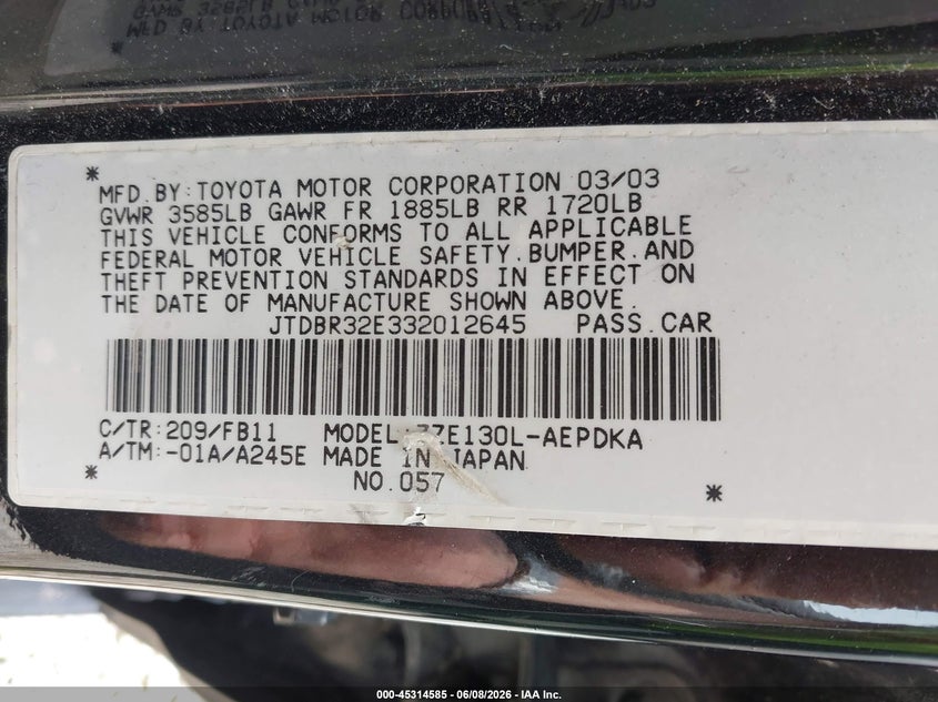 2003 Toyota Corolla VIN JTDBR32E332012645 IAAI salvage auction — FRONT END, Salvage (Ohio), sold $225 on 2026-07-15 (photo 9)