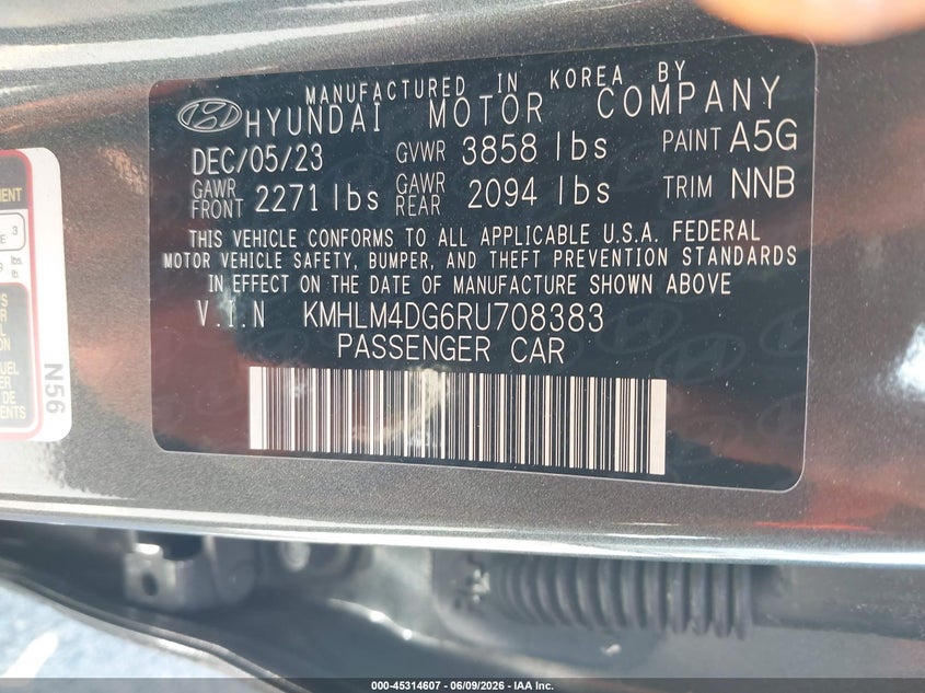 2024 Hyundai Elantra VIN KMHLM4DG6RU708383 IAAI salvage auction — LEFT SIDE, Salvage (California), sold $25 on 2026-07-28 (photo 9)
