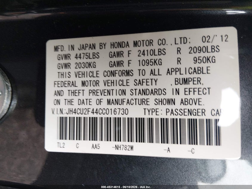 2012 Acura Tsx VIN JH4CU2F44CC016730 IAAI salvage auction — FRONT END, Salvage (Ohio), sold $1,150 on 2026-07-10 (photo 9)