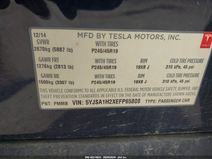 2014 Tesla Model s VIN 5YJSA1H2XEFP65808 IAAI salvage auction — FRONT END, Salvage - Greater Than 75% (Maryland), sold $1,350 on 2026-07-23 (photo 9)