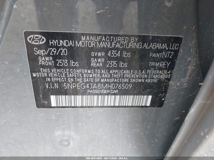 2021 Hyundai Sonata VIN 5NPEG4JA8MH076509 IAAI salvage auction — NORMAL WEAR, Original (Texas), sold $1,225 on 2026-07-07 (photo 9)