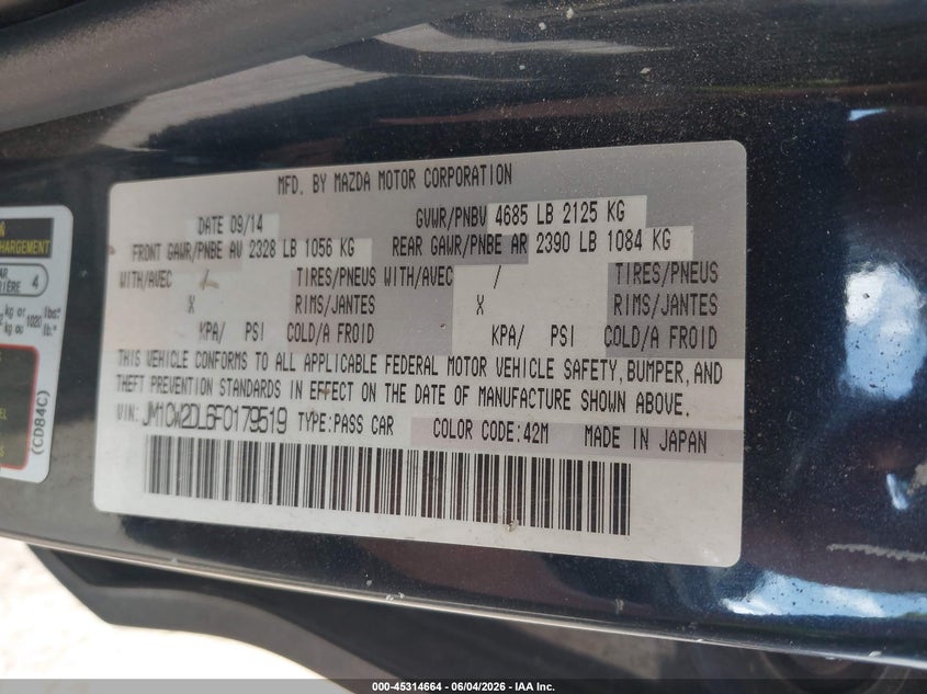 2015 Mazda 5 VIN JM1CW2DL6F0179519 IAAI salvage auction — NORMAL WEAR, Salvage Title, sold $300 on 2026-07-09 (photo 9)