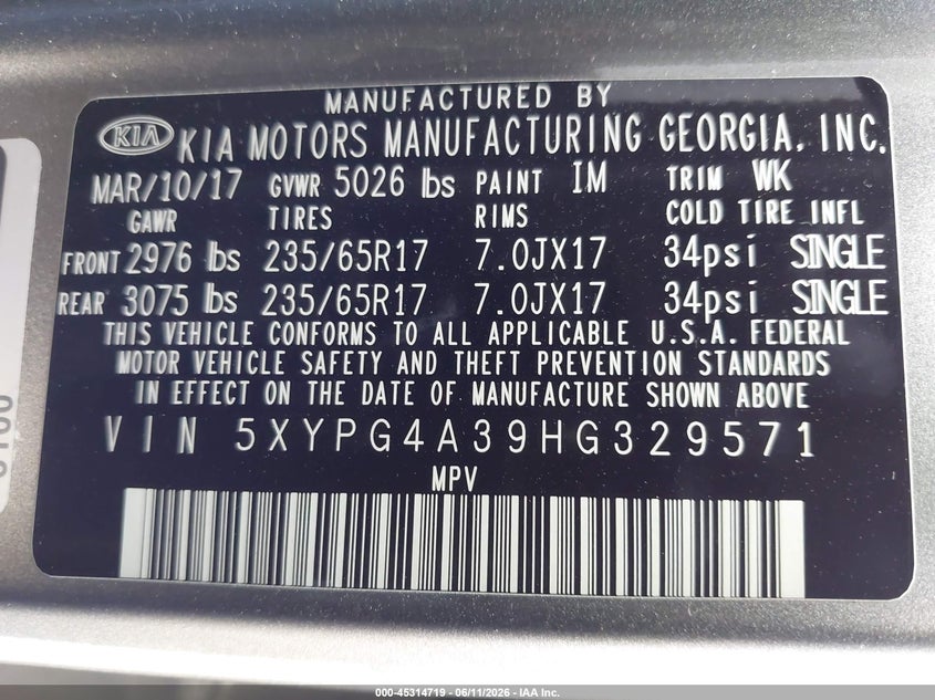 2017 Kia Sorento VIN 5XYPG4A39HG329571 IAAI salvage auction — FRONT END, Salvage (Pennsylvania), sold $425 on 2026-07-06 (photo 9)