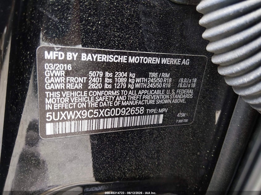 2016 BMW X3 VIN 5UXWX9C5XG0D92658 IAAI salvage auction — REAR END, Salvage Title, sold $450 on 2026-07-24 (photo 9)