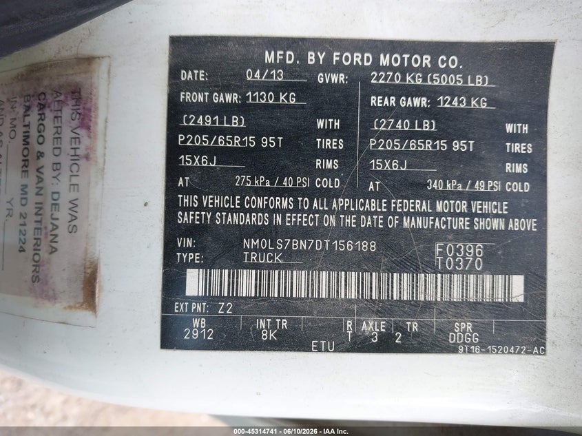 2013 Ford Transit VIN NM0LS7BN7DT156188 IAAI salvage auction — REAR END, Original (Texas), sold $950 on 2026-07-21 (photo 9)