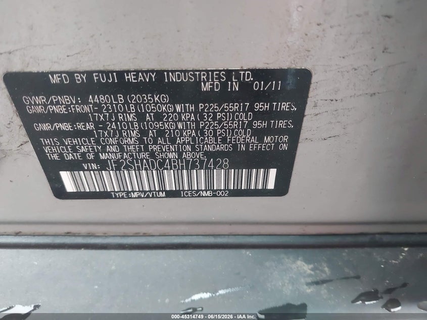 2011 Subaru Forester VIN JF2SHADC4BH737428 IAAI salvage auction — RIGHT FRONT, Clear (Massachusetts), sold $1,550 on 2026-07-17 (photo 9)
