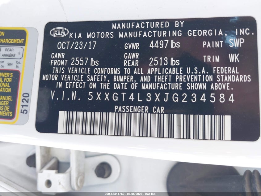 2018 Kia Optima VIN 5XXGT4L3XJG234584 IAAI salvage auction — THEFT, Salvage Title, sold $1,800 on 2026-07-05 (photo 9)