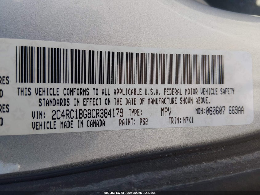 2012 Chrysler Town & country VIN 2C4RC1BG8CR384179 IAAI salvage auction — NORMAL WEAR, Clear (Nevada), sold $475 on 2026-07-10 (photo 9)