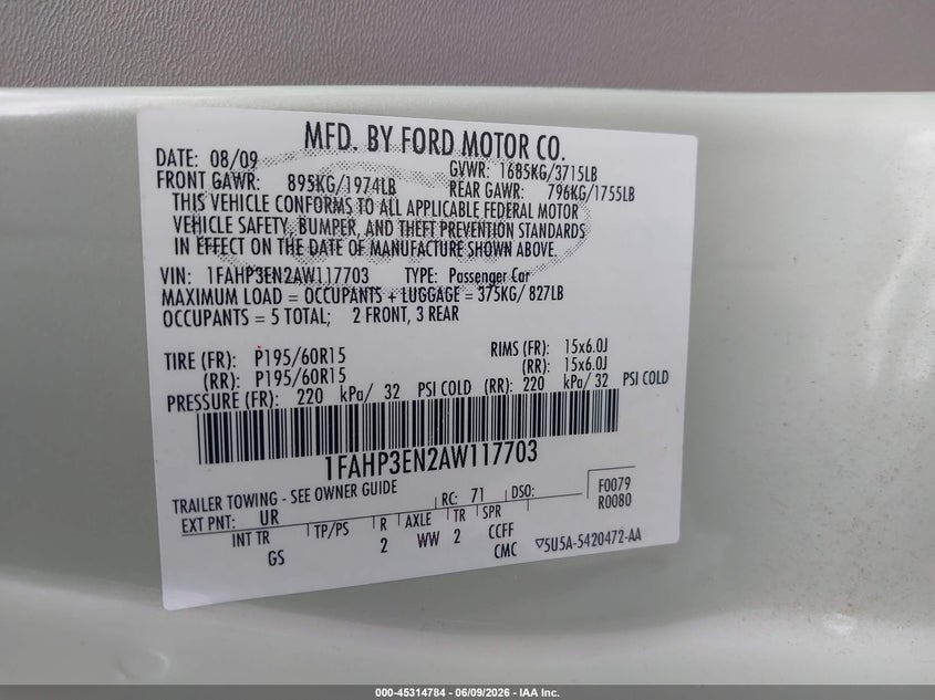 2010 Ford Focus VIN 1FAHP3EN2AW117703 IAAI salvage auction — REAR END, Original (Texas), sold $500 on 2026-07-10 (photo 9)