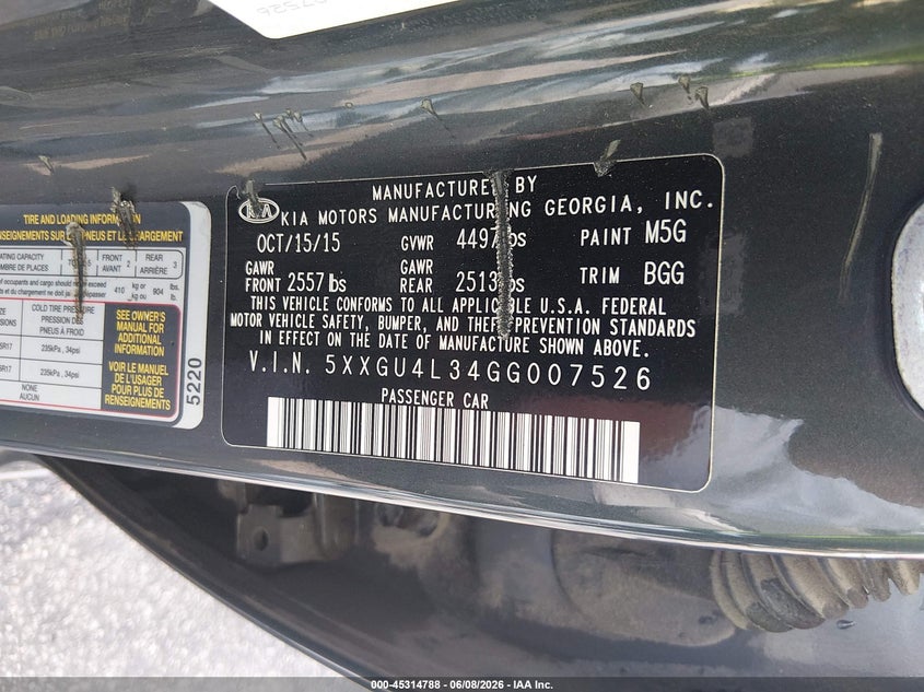 2016 Kia Optima VIN 5XXGU4L34GG007526 IAAI salvage auction — RIGHT SIDE, Salvage (South Carolina), sold $1,050 on 2026-07-22 (photo 9)
