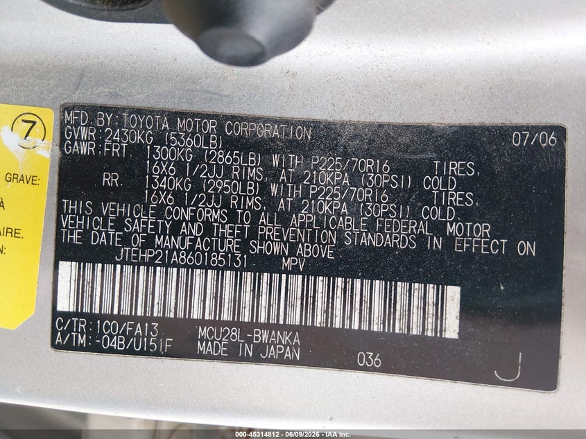 2006 Toyota Highlander VIN JTEHP21A860185131 IAAI salvage auction — NORMAL WEAR, Clear-Dealer Only (West Virginia), sold $275 on 2026-07-23 (photo 9)
