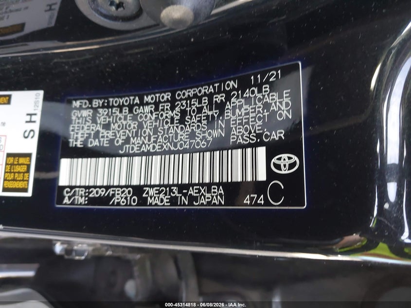 2022 Toyota Corolla VIN JTDEAMDEXNJ047067 IAAI salvage auction — FRONT END, Salvage Title, sold $2,300 on 2026-07-14 (photo 9)