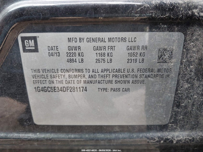 2013 Buick Lacrosse VIN 1G4GC5E34DF281174 IAAI salvage auction — FRONT END, Salvage Title, sold $1,125 on 2026-07-29 (photo 9)