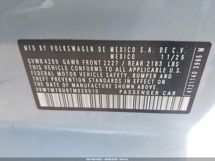 2026 Volkswagen Jetta VIN 3VW1M7BU8TM026510 IAAI salvage auction — SIDE, Salvage (Virginia), sold $8,000 on 2026-07-28 (photo 9)