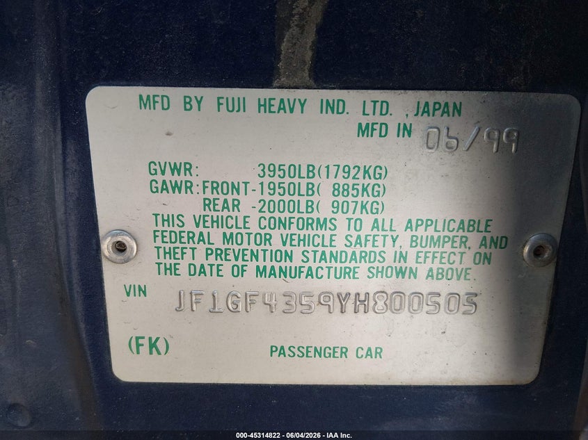 2000 Subaru Impreza VIN JF1GF4359YH800505 IAAI salvage auction — NORMAL WEAR, Regular (Nevada), sold $25 on 2026-07-17 (photo 9)