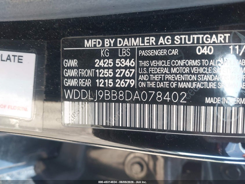 2013 Mercedes-benz Cls-class VIN WDDLJ9BB8DA078402 IAAI salvage auction — FRONT END, Salvage (Indiana), sold $1,225 on 2026-07-14 (photo 9)