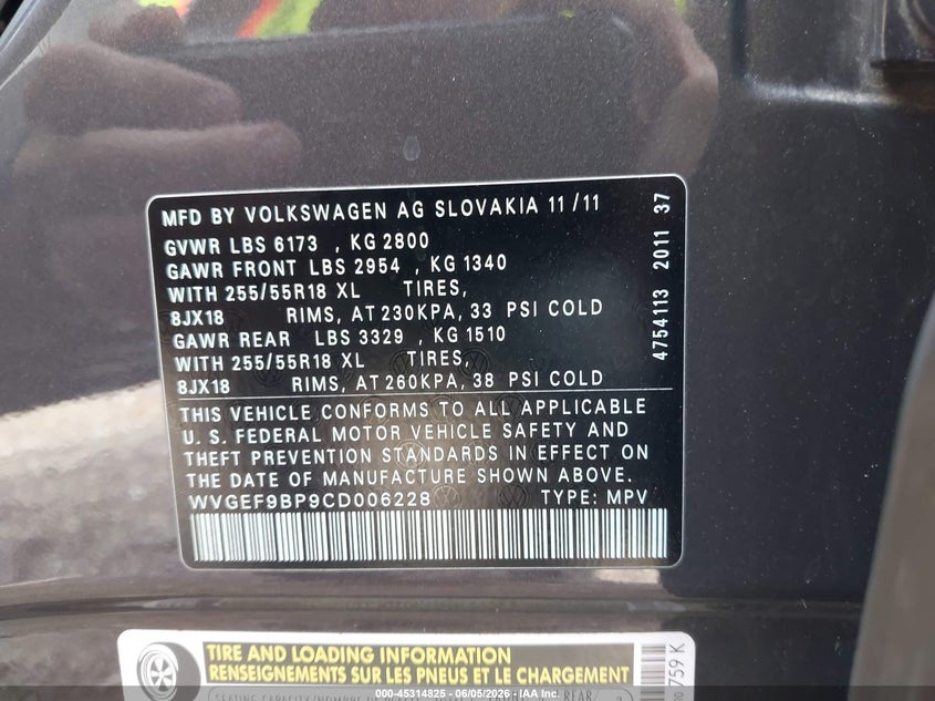 2012 Volkswagen Touareg VIN WVGEF9BP9CD006228 IAAI salvage auction — HAIL, Salvage Title, sold $875 on 2026-07-08 (photo 9)