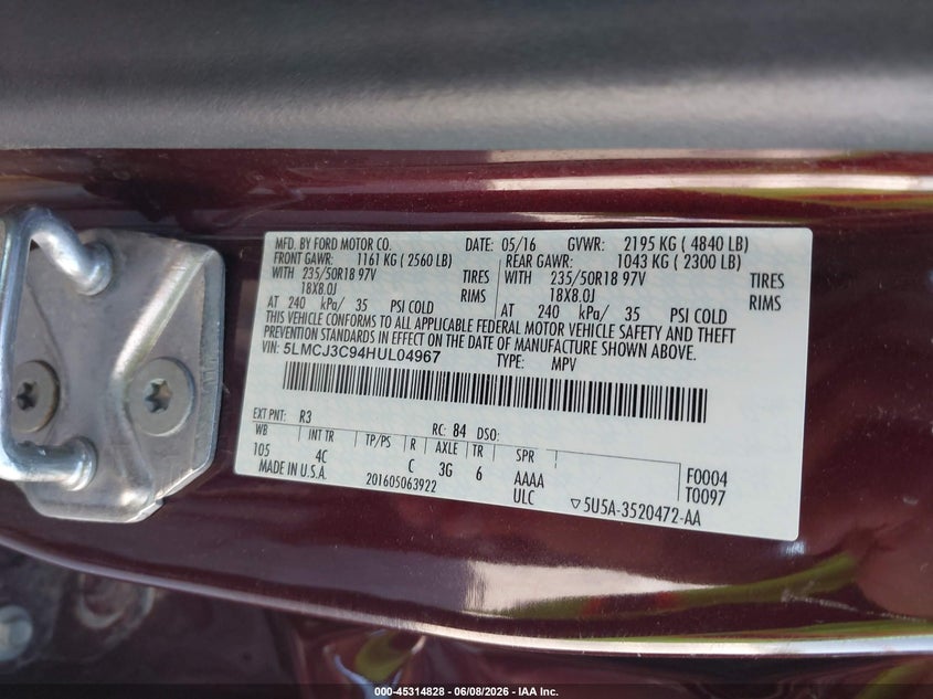 2017 Lincoln Mkc VIN 5LMCJ3C94HUL04967 IAAI salvage auction — SIDE, Salvage Title, sold $825 on 2026-07-09 (photo 9)