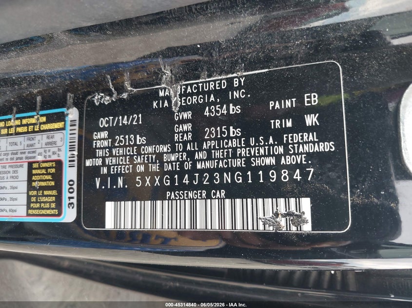 2022 Kia K5 VIN 5XXG14J23NG119847 IAAI salvage auction — ALL OVER, Salvage (Georgia), sold $1,050 on 2026-07-28 (photo 9)