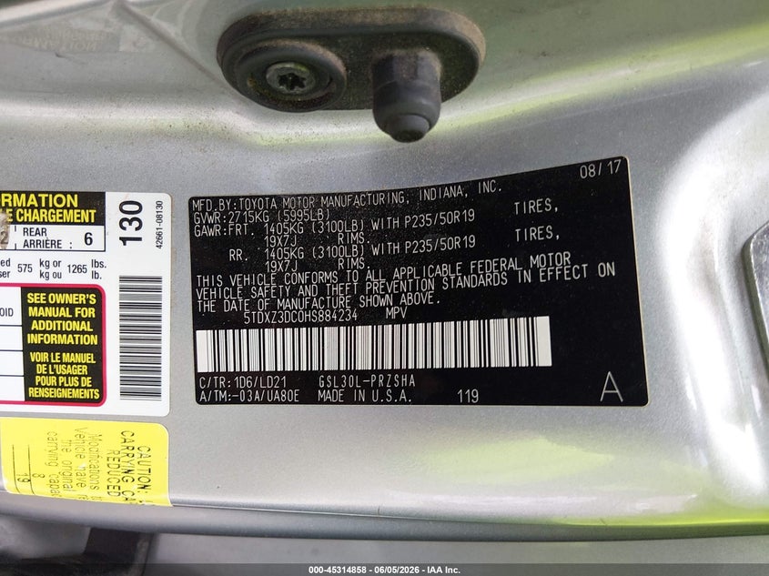 2017 Toyota Sienna VIN 5TDXZ3DC0HS884234 IAAI salvage auction — FRONT END, Salvage Title, sold $4,950 on 2026-07-31 (photo 9)