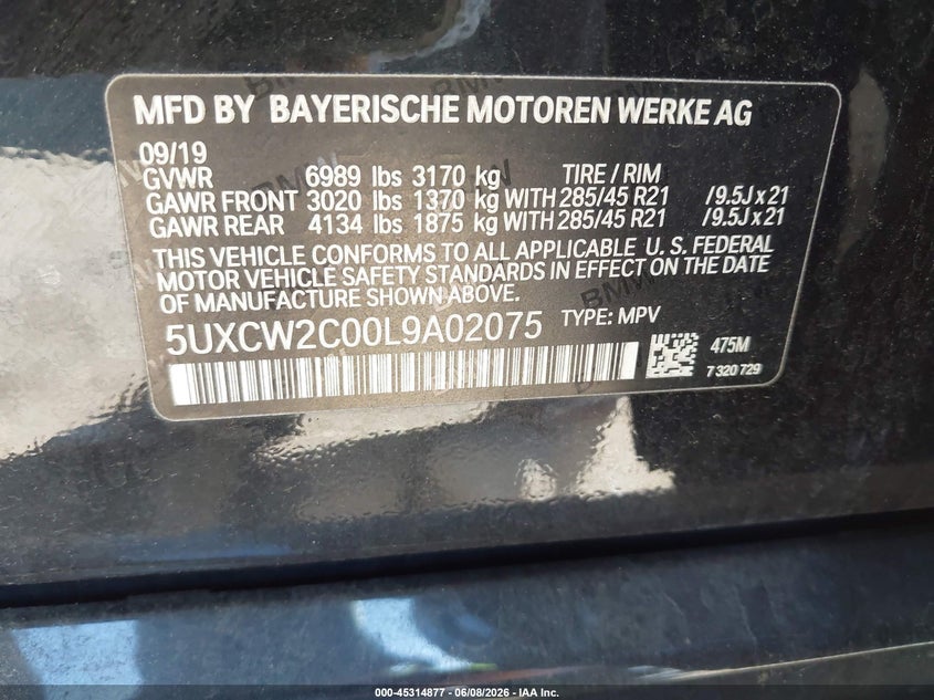 2020 BMW X7 VIN 5UXCW2C00L9A02075 IAAI salvage auction — FRONT END, Salvage Title, sold $15,100 on 2026-07-29 (photo 9)