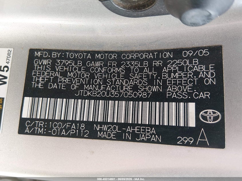 2005 Toyota Prius VIN JTDKB20U357050987 IAAI salvage auction — NORMAL WEAR, Clear (New Mexico), sold $350 on 2026-07-20 (photo 9)