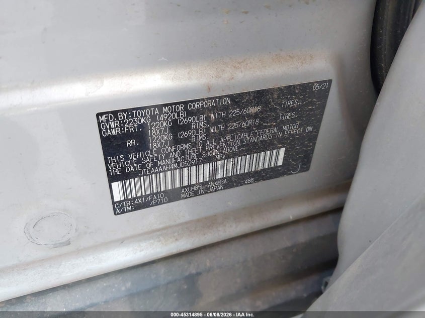 2021 Toyota Venza VIN JTEAAAAH4MJ052917 IAAI salvage auction — RIGHT SIDE, Clear (Arizona), sold $4,200 on 2026-07-14 (photo 9)