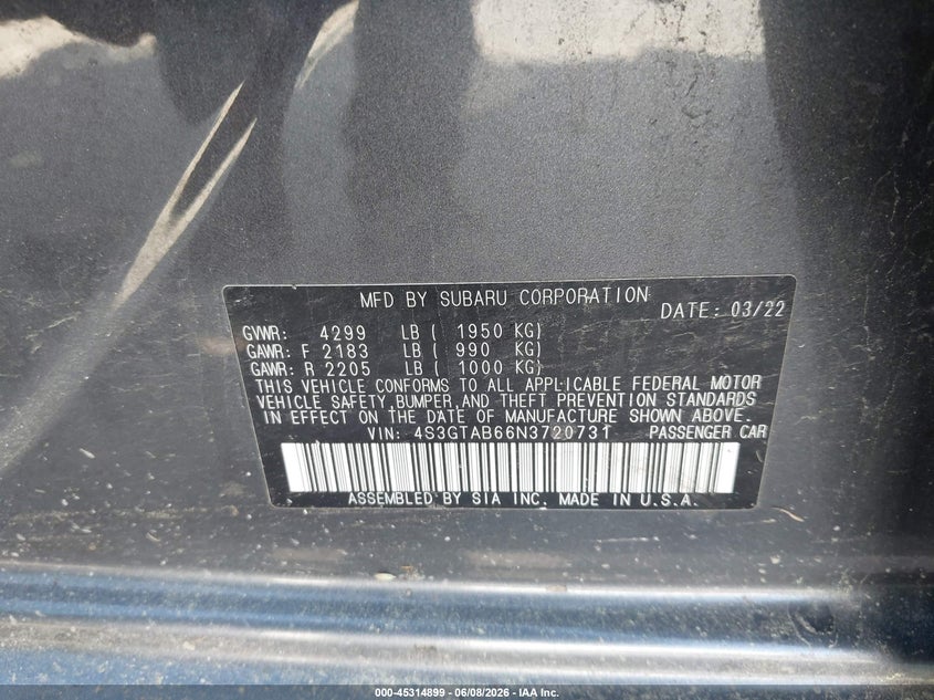 2022 Subaru Impreza VIN 4S3GTAB66N3720731 IAAI salvage auction — UNKNOWN, Salvage Title, sold $1,850 on 2026-08-25 (photo 9)