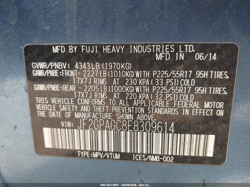 2014 Subaru Xv VIN JF2GPAGC8E8309614 IAAI salvage auction — FRONT END, Salvage Title, sold $400 on 2026-07-10 (photo 9)