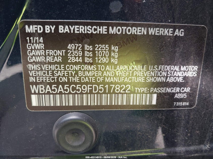 2015 BMW 5er VIN WBA5A5C59FD517822 IAAI salvage auction — FRONT END, Salvage Title, sold $2,250 on 2026-07-09 (photo 9)
