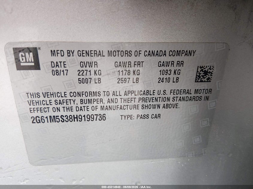 2017 Cadillac Xts VIN 2G61M5S38H9199736 IAAI salvage auction — RIGHT FRONT, Salvage Title, sold $1,200 on 2026-07-29 (photo 9)